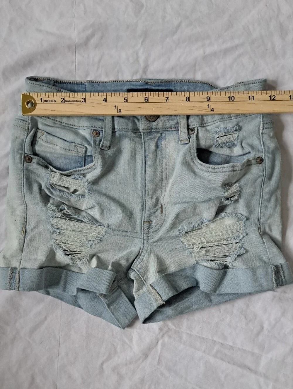 Aeropostale High Rise Midi Light Blue Denim Shorts Distressed Roll Hem Thrash 2